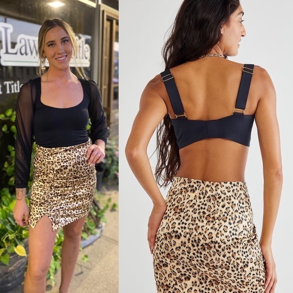 NWT FREE PEOPLE Y2K 90s Satin Leopard Print Ruched Side Slit Pencil Mini Skirt 2 - Picture 2 of 9